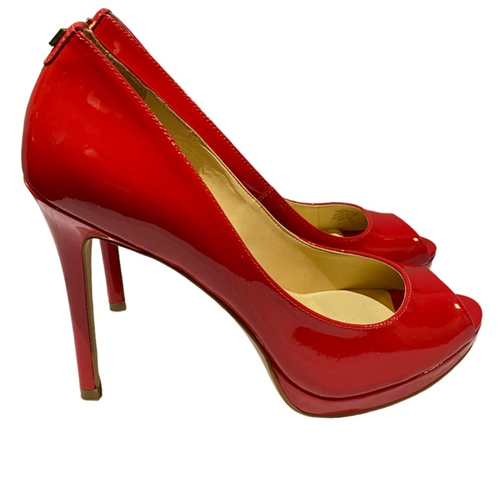 Red patent leather peep toe platform heels coral/red ivanka Trump, size 8